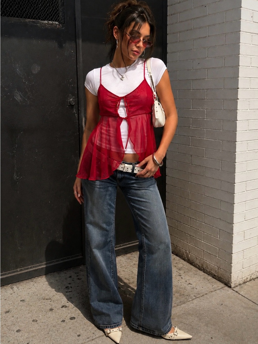 VTG Victoria secret Babydoll Cami Tie Front Sheer Red  Large Y2K Fairy 90s Glam
